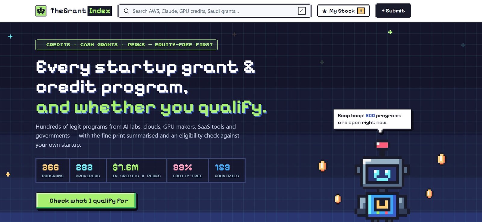 منصة TheGrantIndex، وحدة من المنصات يلي بيديرها GrokBot بالكامل